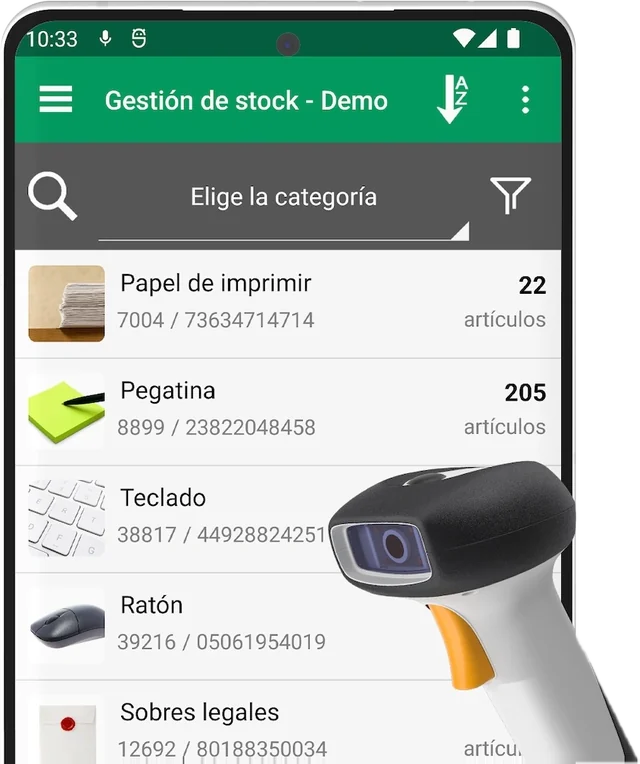 L’application Mobile Inventory sur un téléphone, avec une liste de produits et leurs quantités en stock
