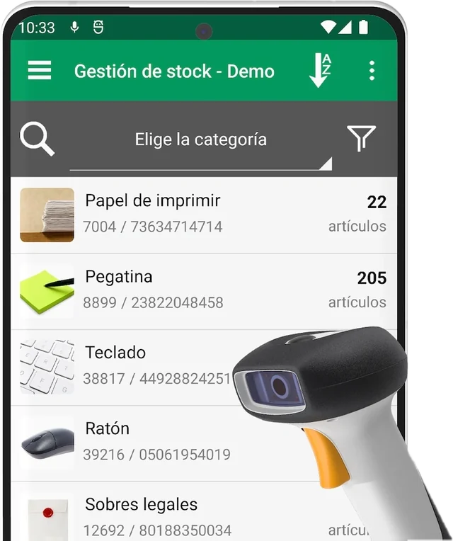 O app Mobile Inventory em um celular, com uma lista de produtos e suas quantidades em estoque