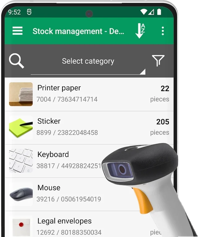 L’app Mobile Inventory en un telèfon, amb una llista de productes i les seves quantitats en estoc